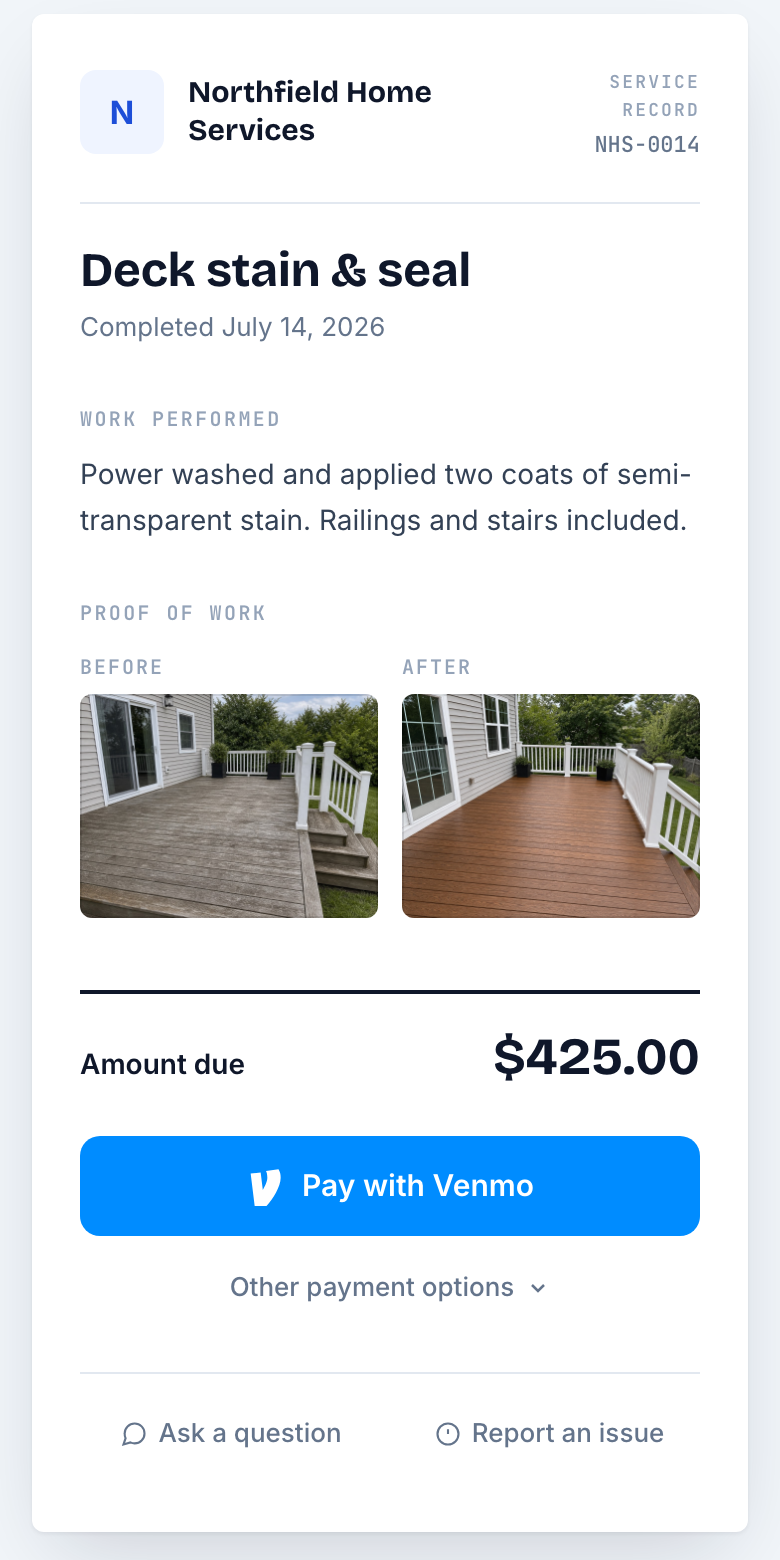 Customer service record with before/after photos and a Pay with Venmo button