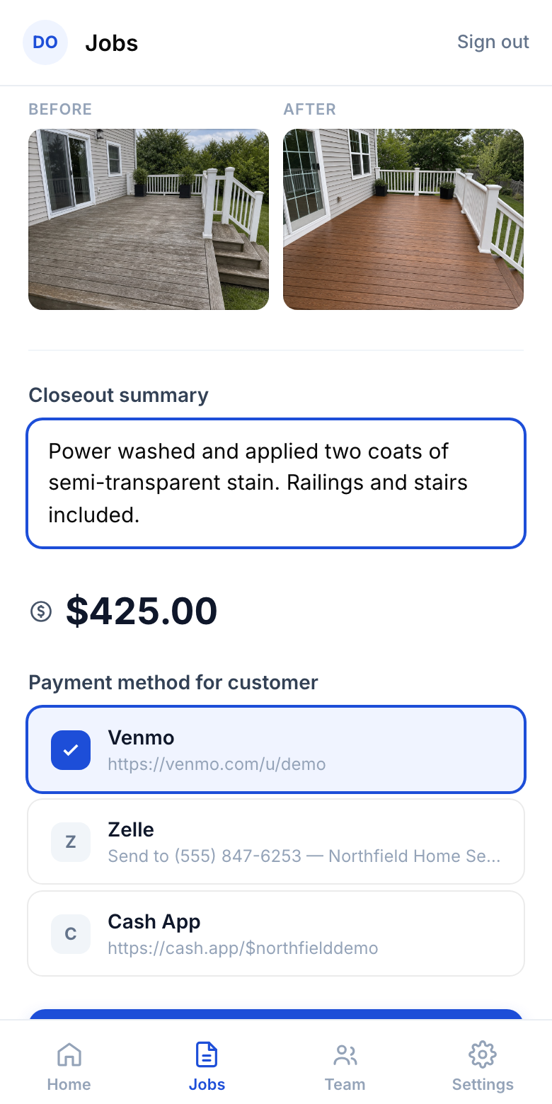 Owner review screen showing before and after photos and the amount