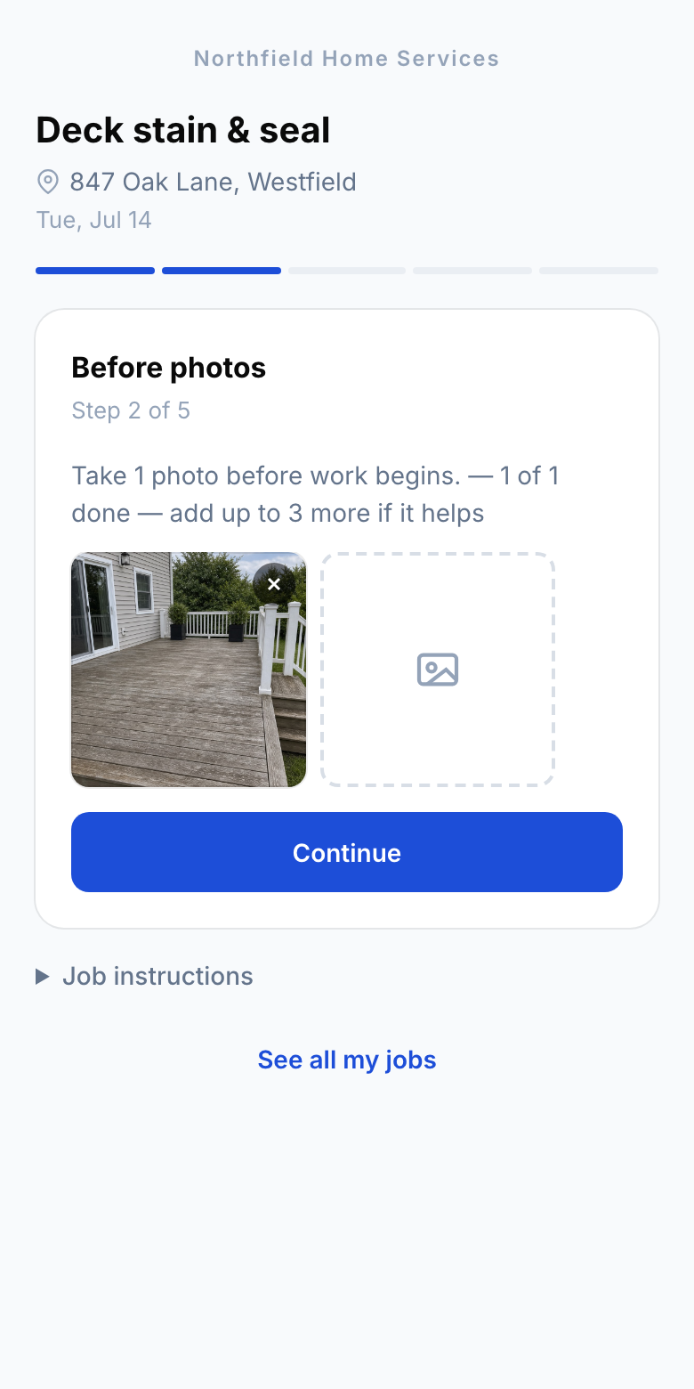 Worker app capturing a before photo of a weathered deck
